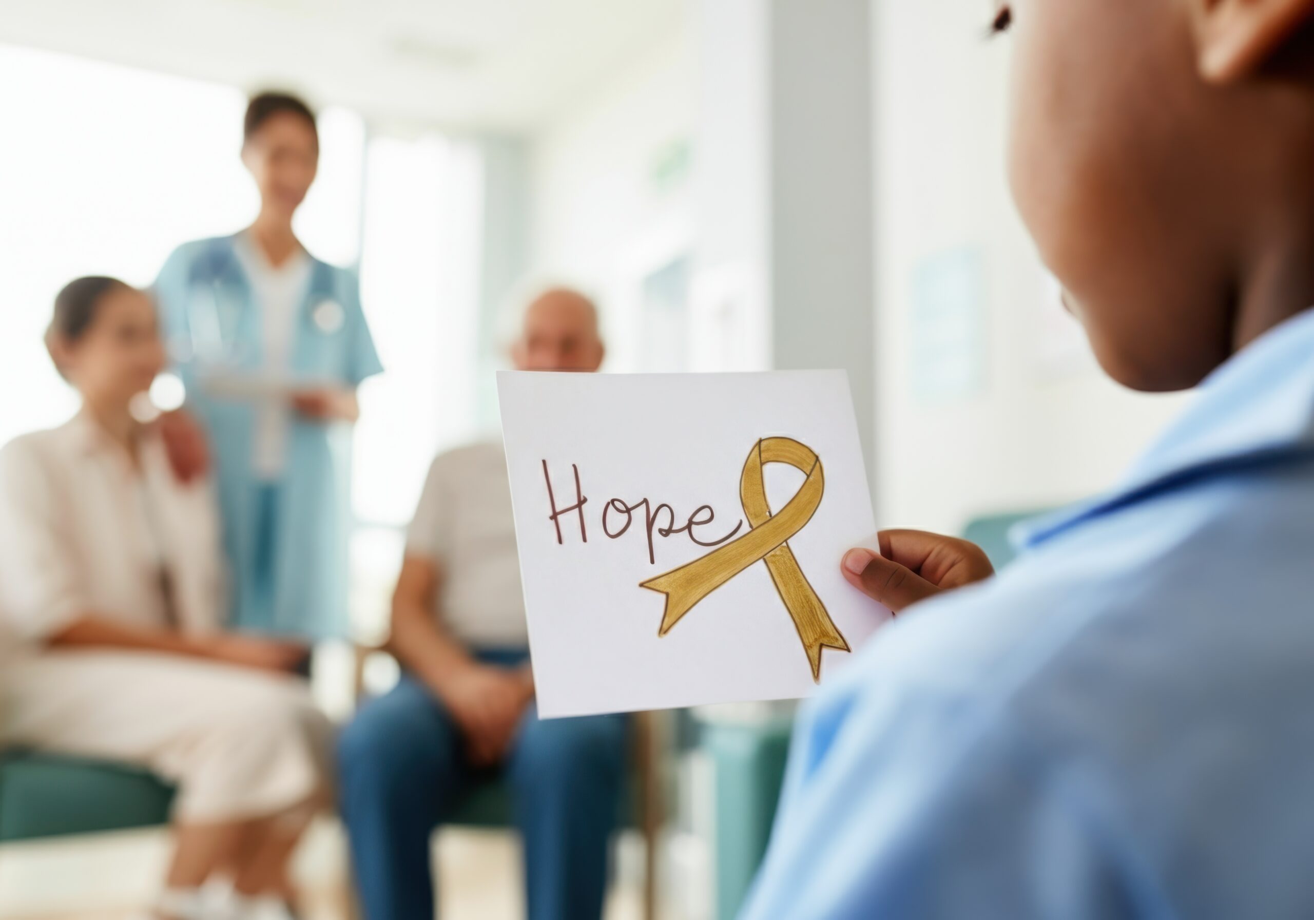 Close-up of a young patient holding a sign with a gold ribbon and the word hope written on it, during childhood cancer awareness month