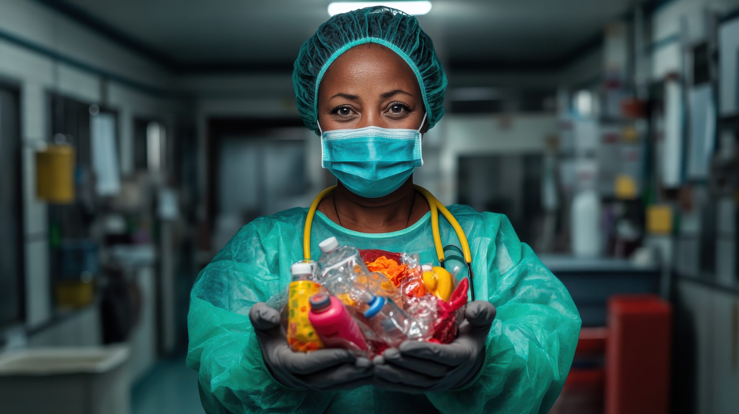 A healthcare worker providing hygiene kits to a communityphotorealistic portrait,